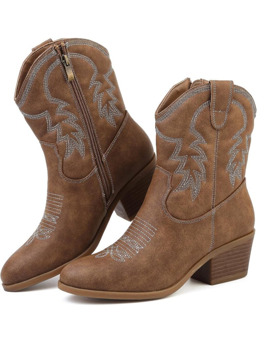 Women’s Brown Cowboy Boots Western Stitching Side Zip Block Heel Boots